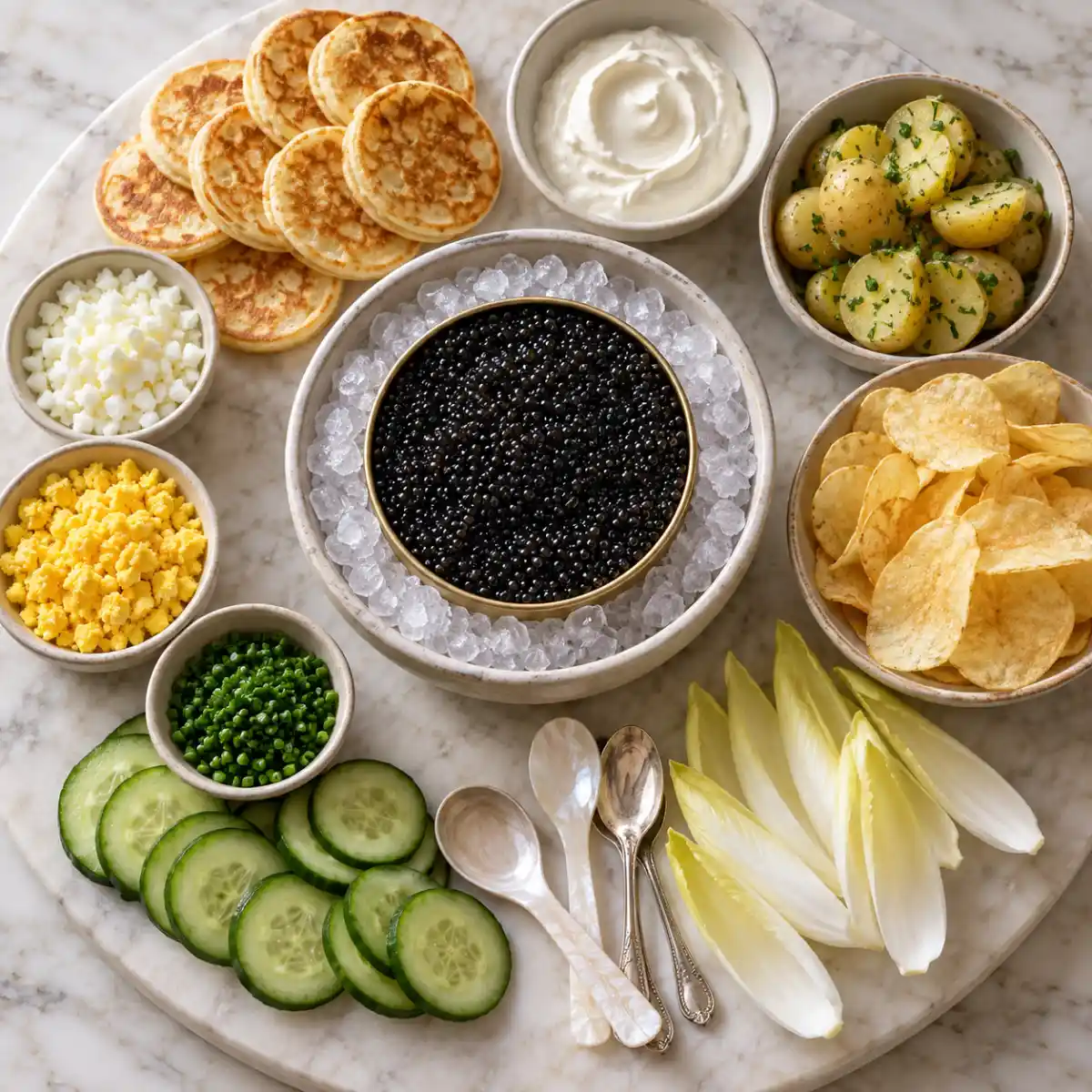 Plateau de caviar avec blinis, pommes de terre, chips, œufs et concombre