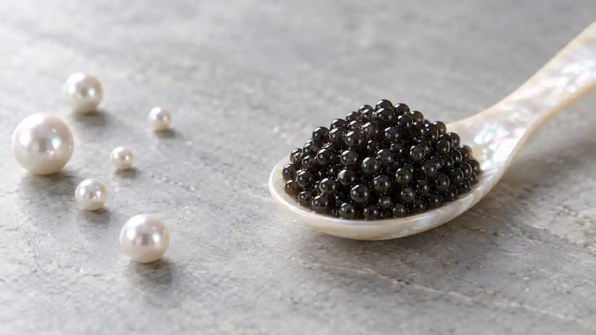 Pourquoi le caviar est cher : perles de caviar à côté de perles fines