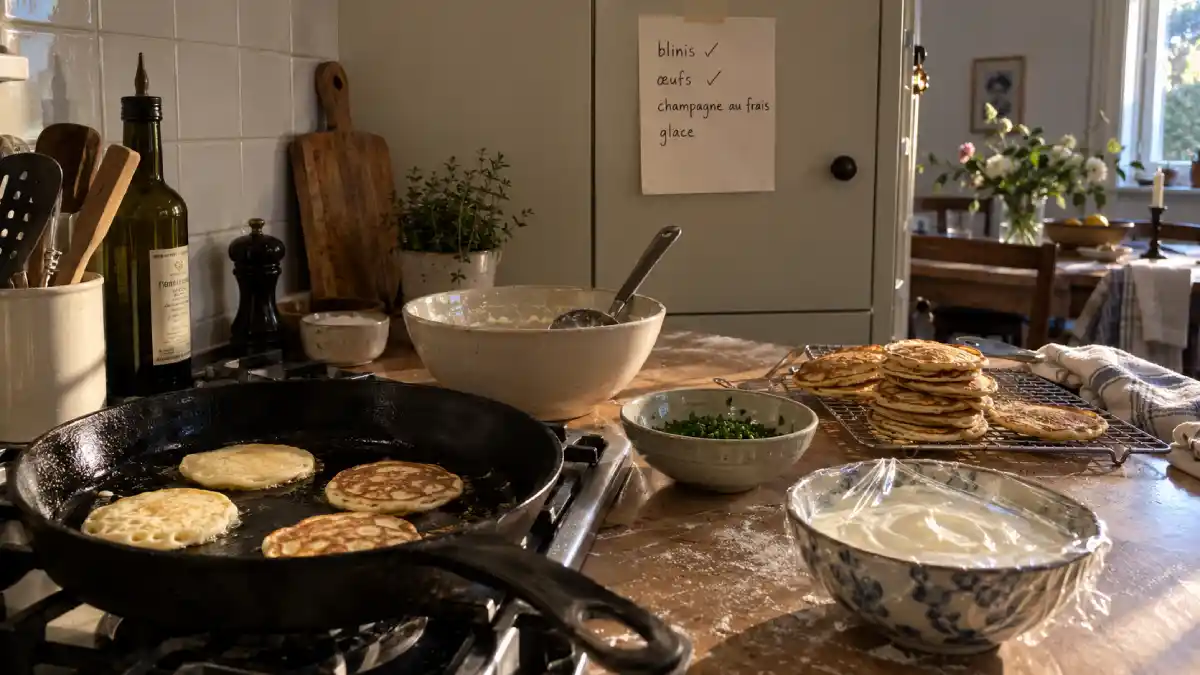 Préparation des blinis et des garnitures la veille de la soirée