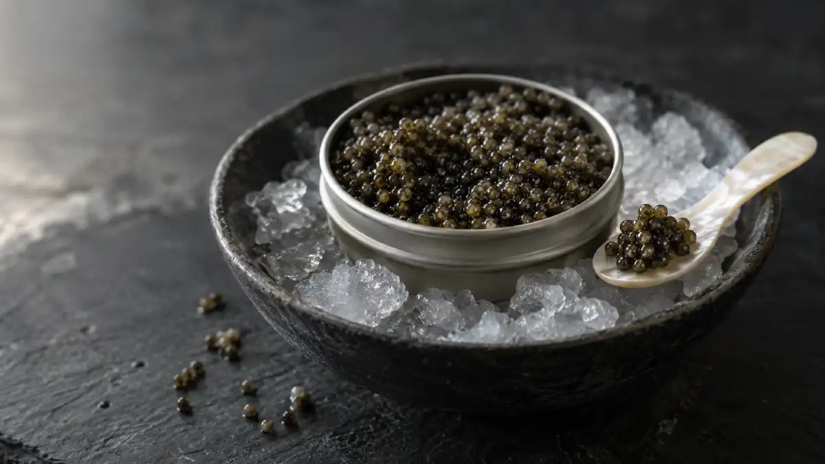 Open 30 g tin of Baeri caviar with a mother-of-pearl spoon on dark slate