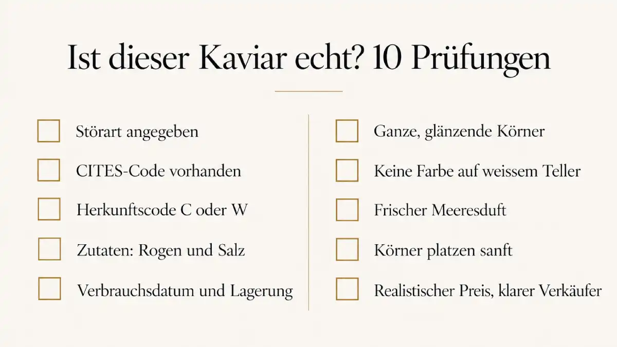 Checkliste mit 10 Prüfungen, um echten Kaviar zu erkennen