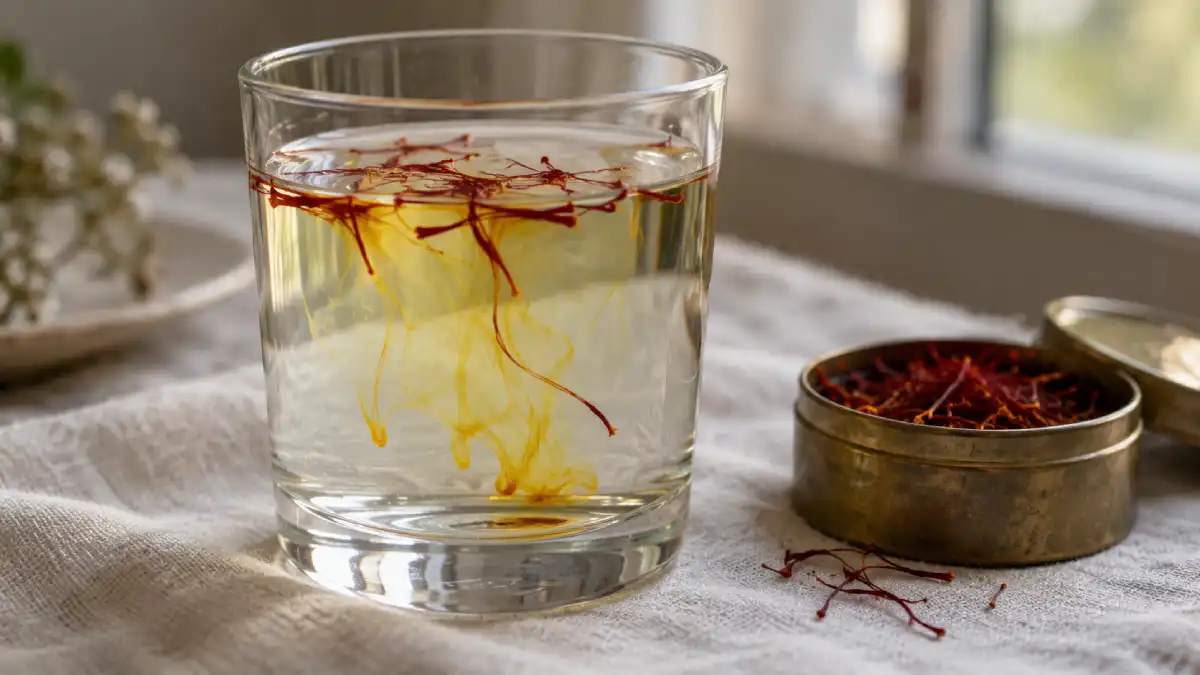Real saffron threads slowly releasing golden colour in a glass of water