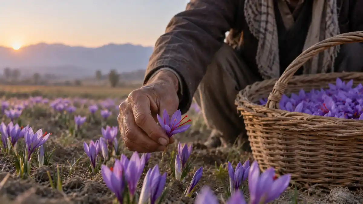 Freshly picked purple saffron crocus with three red stigmas