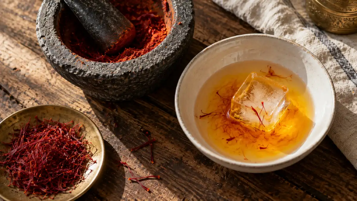 Ground saffron melting over an ice cube, the Persian ice method