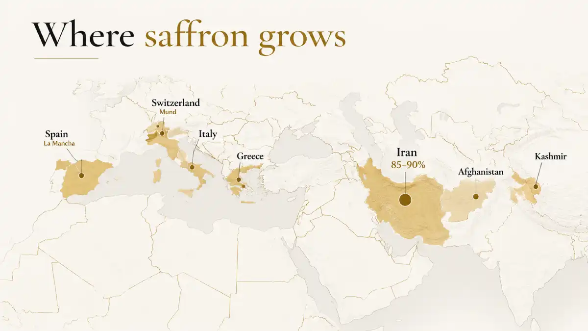Map of the main saffron-growing regions, with Iran producing 85–90%