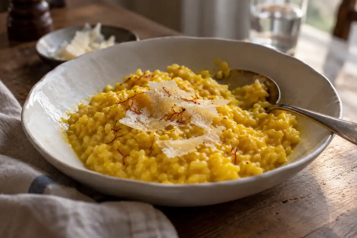 Risotto alla milanese golden with saffron in a bowl