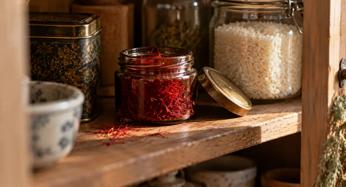 Saffron threads stored in an airtight dark glass jar