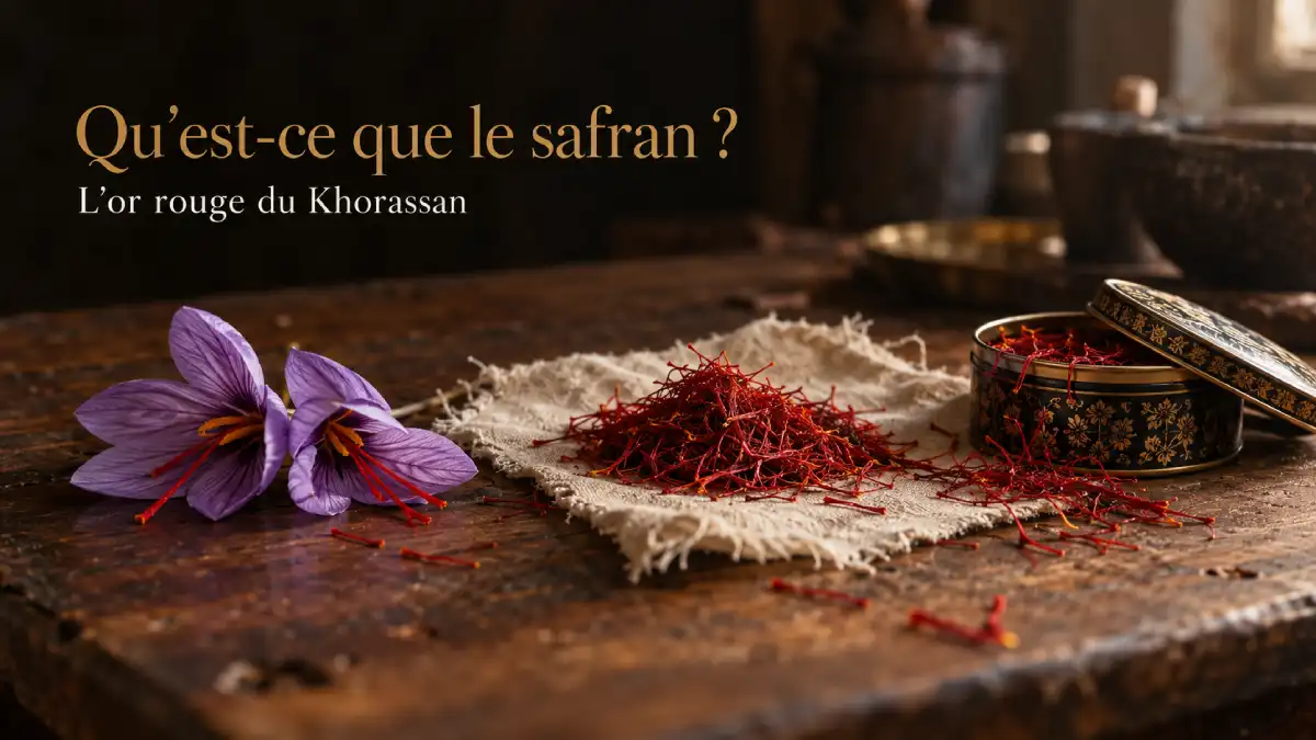 Fleurs de crocus, filaments de safran séchés et boîte de safran ouverte sur une table en bois