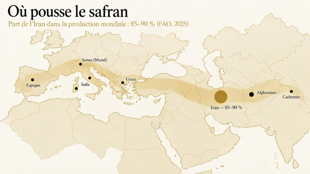 Carte des principales régions productrices de safran, l’Iran produisant 85 à 90 % du safran mondial