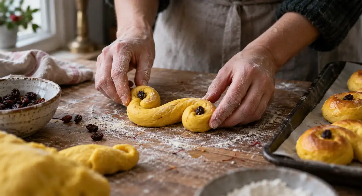 Hands shaping a saffron bun on a floured table
