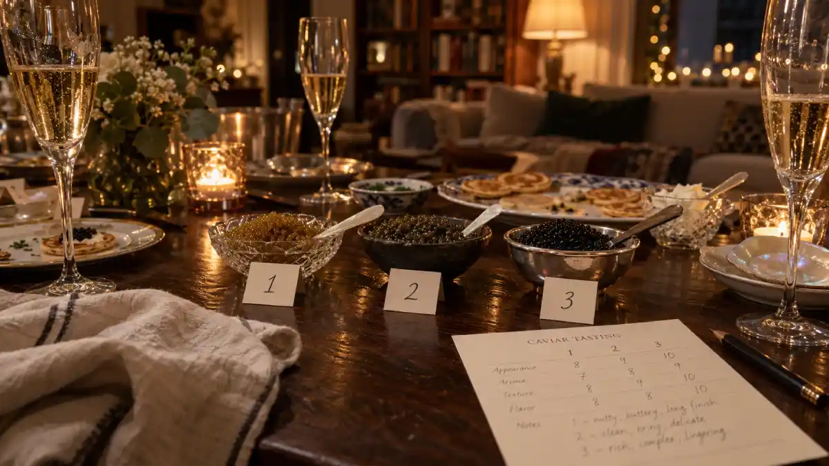 Soirée dégustation de caviar à la maison avec trois caviars numérotés et du champagne