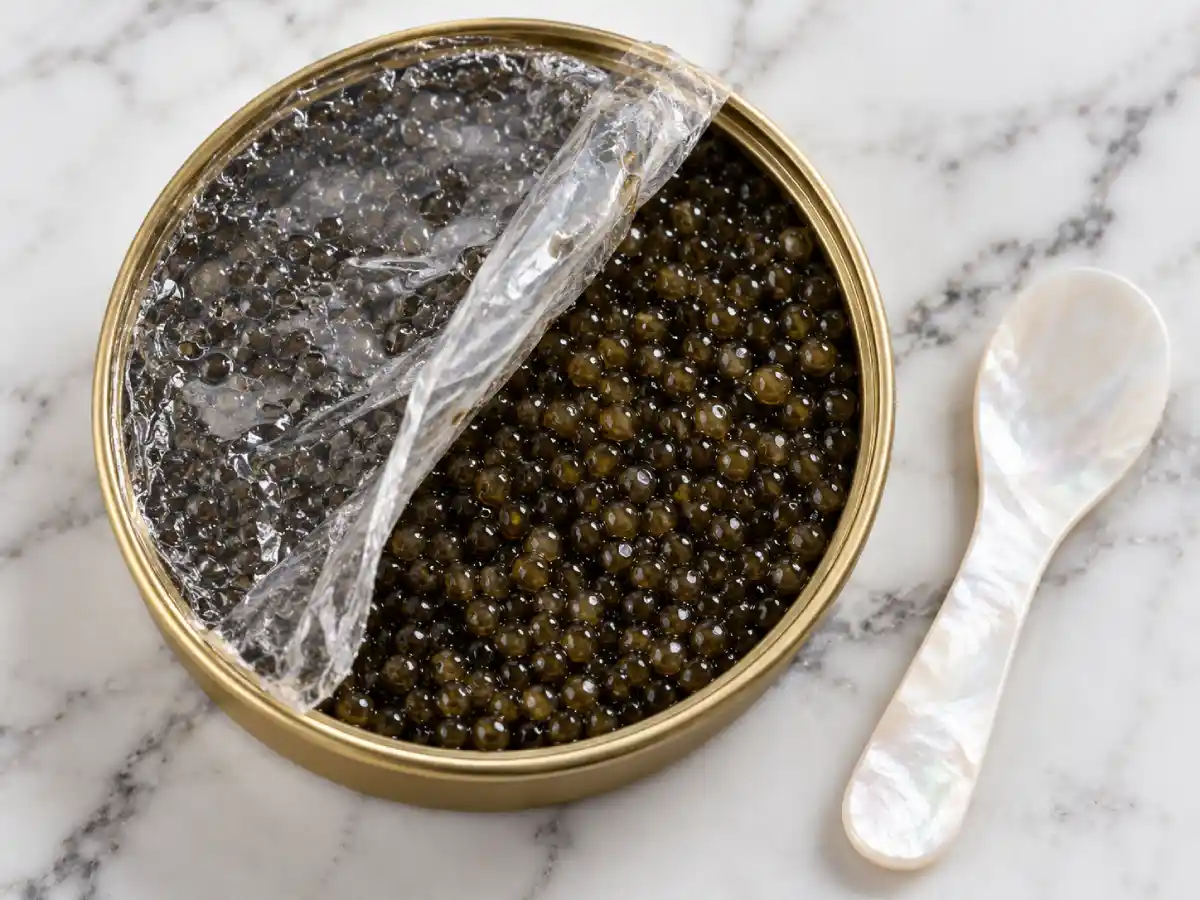 Storing opened caviar with film pressed onto the surface