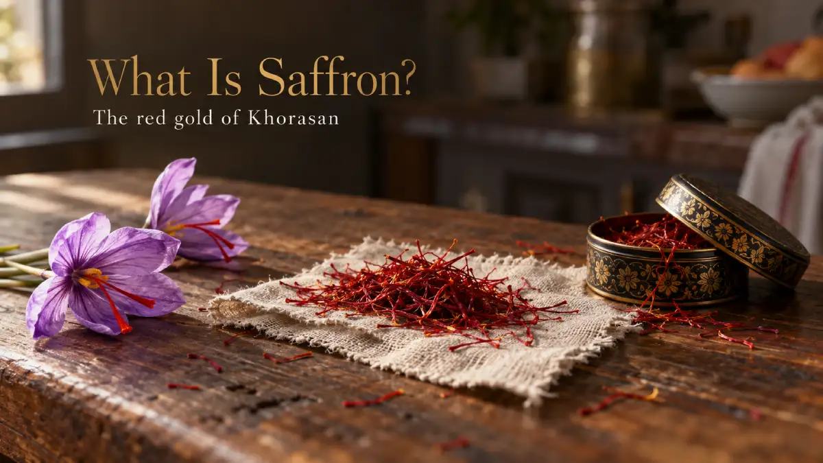 Saffron crocus flowers, dried saffron threads and an open saffron tin on a wooden table
