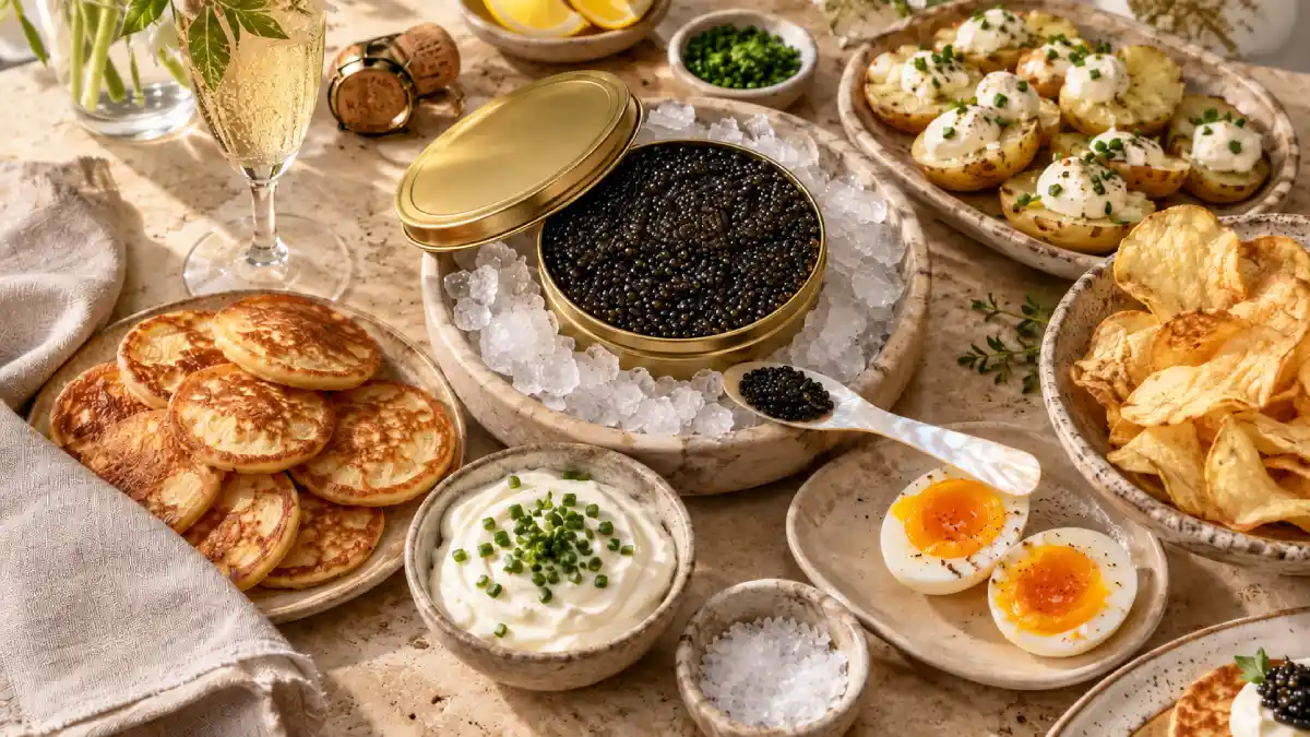 Plateau de caviar avec blinis, crème fraîche, œufs et pommes de terre