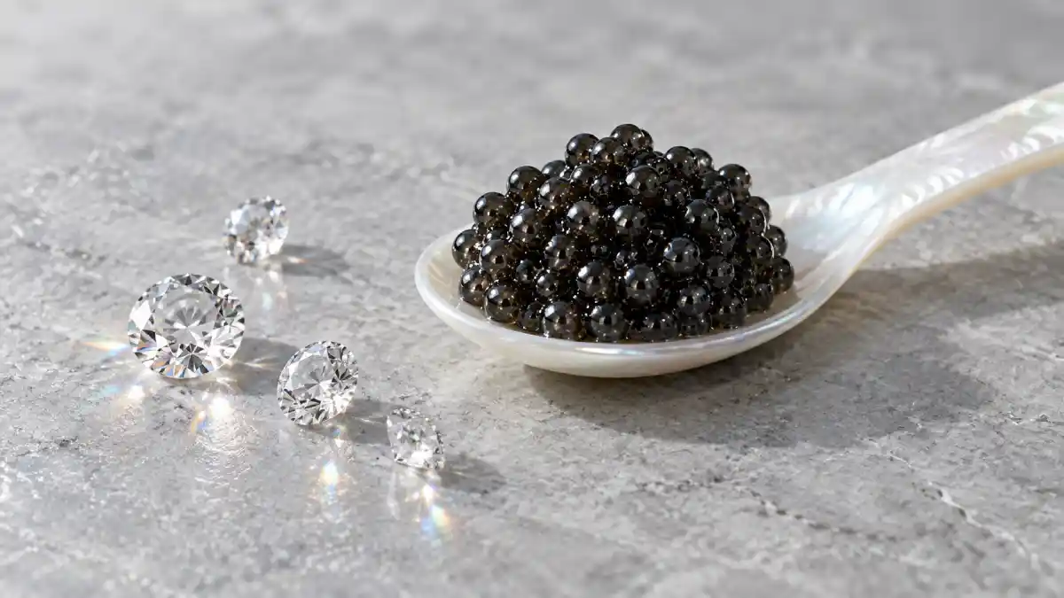 Why caviar is expensive: caviar pearls beside diamonds