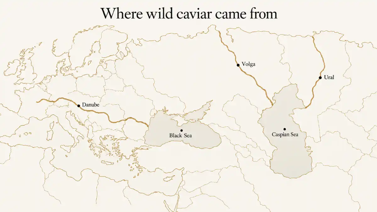 Historic regions of wild caviar: Caspian Sea, Black Sea, Danube, Volga and Ural
